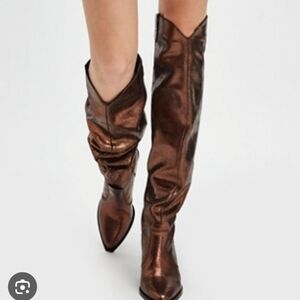 Free People Leather Triple Crown Knee High Boot In Bronze Metallic Size 6.5